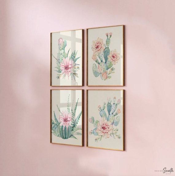 Cactus bloom prints, cactus floral nursery print, baby girl cactus nursery print, pink floral cactus wall prints, cactus nursery decor set 4