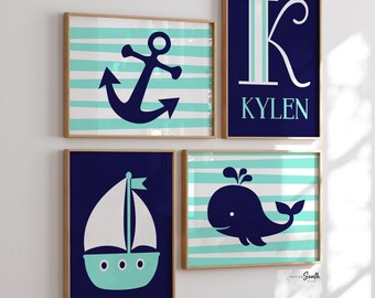 Nautical Nursery Decor: Whale, Anchor, Sailboat Prints, Personalized Name Art