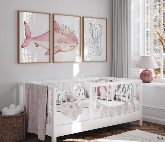 Pink Shark Nursery Prints: Watercolor Ocean Art, Girls Room Decor
