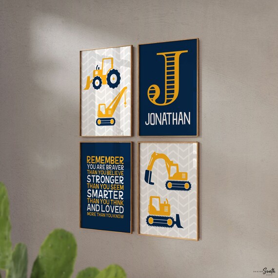 Construction prints, trucks, construction nursery, digger, bulldozer, boys nursery decor, yellow, navy blue, art prints, boys construction