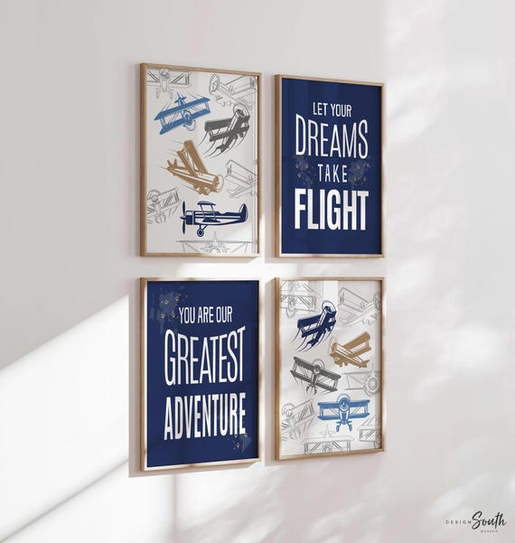 Airplane nursery art, airplanes, aviation, boys nursery, let your dreams take flight, navy blue, vintage airplanes, boys airplane prints