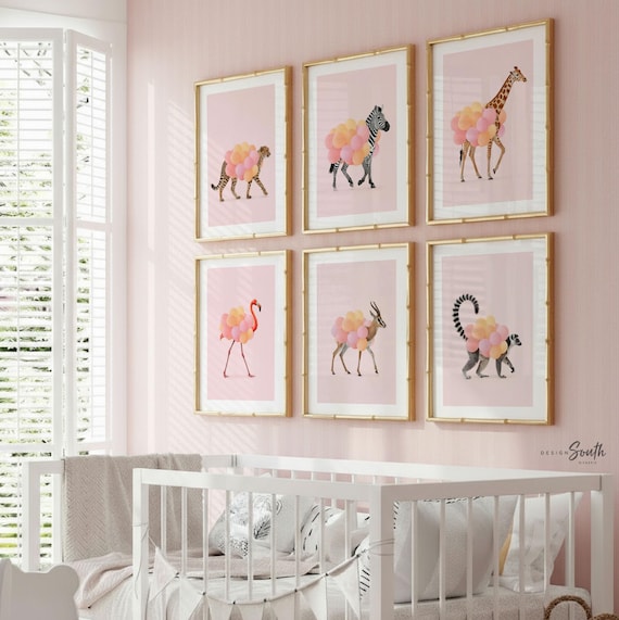 Pink Safari Animal Wall Art Prints, Flamingo, Zebra, Giraffe, Cheetah, Antelope & Lemur with Balloons, Girl Nursery, Bedroom Playroom Décor