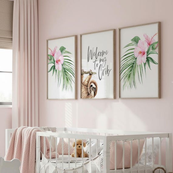 Sloth Nursery Prints: Tropical Watercolor Art, Pink & Green, Set of 3