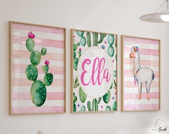 Stampe artistiche per la cameretta con lama: decorazioni boho con cactus, per la stanza di una bambina (senza cornice)