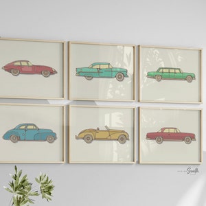 Collezione di auto sportive classiche, arte per bambini, arte di auto d'epoca d'epoca, cameretta per bambini con auto retrò, arte di auto d'epoca, decorazioni per auto da sala giochi, arte di auto per bambini in camera da letto
