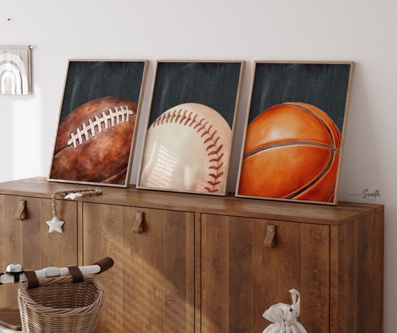 Vintage Sports Art Prints: Rustic Football, Baseball, Basketball Decor