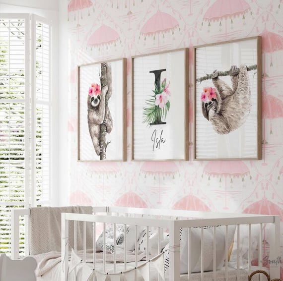 Sloth Nursery Decor: Watercolor Art Print Set, Tropical Flower Crown