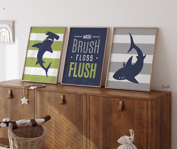 Shark Bathroom Art Prints: Wash Brush Floss Flush
