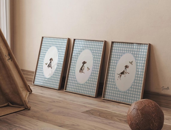 German Shorthaired Pointer Puppy Print Set: Baby Blue Gingham Check Nursery Decor
