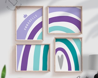Girls nursery decor, monogram name teal gray lilac purple, girls nursery art, art prints for girls, purple and teal nursery decor baby girl
