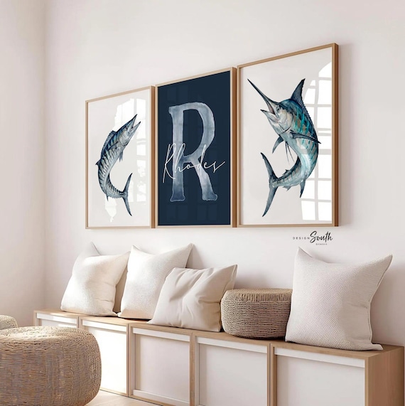 Blue Marlin & Wahoo Nursery Wall Art Set of 3, Personalized Boy Fishing Prints, Navy Saltwater Fish Decor Offshore Sportfishing Art