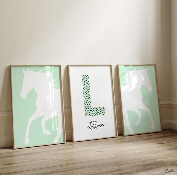 Horse baby prints, baby horse wall art in mint green, equestrian nursery decor, modern farmhouse nursery art ideas, pony horse bedroom kids