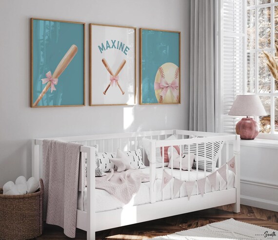 Custom Name Softball Print Set – Pastel Girl Nursery Decor