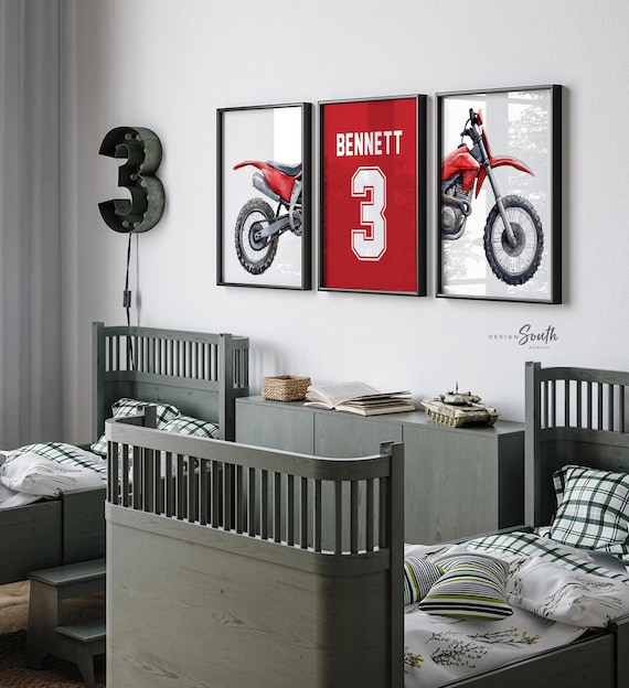 Red Dirt Bike Watercolor Art Prints, Personalized Name Number, Motocross Nursery Decor