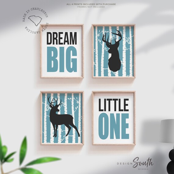 Woodland deer nursery wall art, deer wall, boys room decor, deer dream big little one, deer theme art, dark gray deer, art for little boys