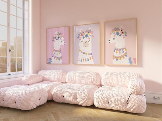 Pastel Llama Nursery Art Prints: Pink Floral Decor, Set of 3