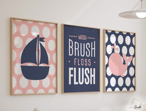 Girls navy pink bathroom, girls bathroom art, girls nautical bathroom art, navy pink bathroom, navy pink nautical bathroom for girls, brush