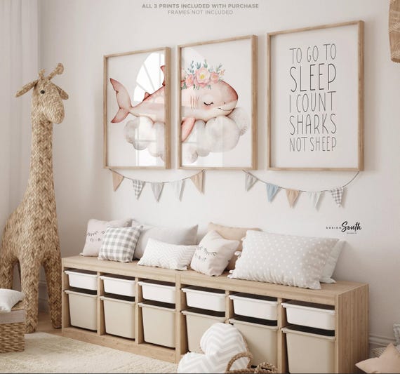 Pink Shark Nursery Art Prints: Watercolor Ocean Theme, Girl's Room Decor