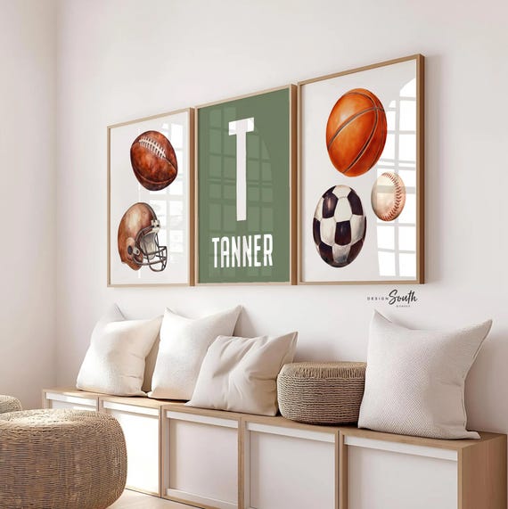 Sports Nursery Wall Art Set of 3, Green Sports Balls Prints, Football Soccer Baseball Basketball, Personalized Name, Boy Room Decor Gift