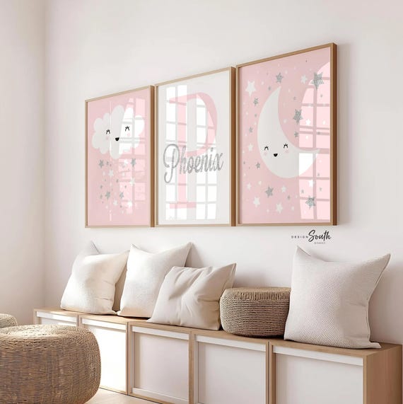 Pink Nursery Decor: Silver Sparkle Moon, Cloud & Monogram Prints