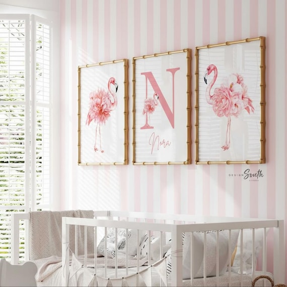 Tropical Flamingo Nursery Wall Art: Personalized Girl Bedroom Prints