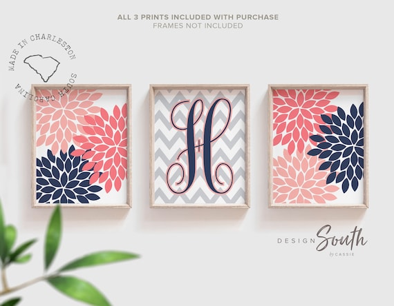 Baby girl nursery coral navy, gift for little girl, bedroom wall prints floral, baby art personalized monogram girls initial, wall pictures
