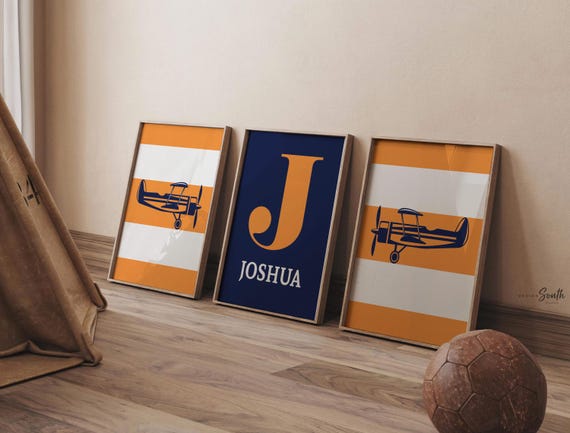 Boys orange and blue airplane nursery decor, aviation nursery, orange and navy boys, boys bedroom airplanes, aviation bedroom wall art boys
