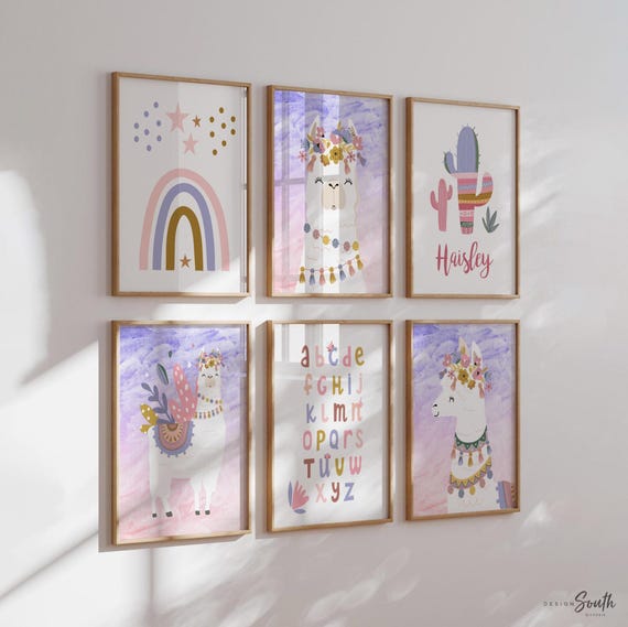 Llama themed girls nursery room wall art, llama baby girl gift, llama baby name gift, purple nursery baby room decor, desert girl bedroom