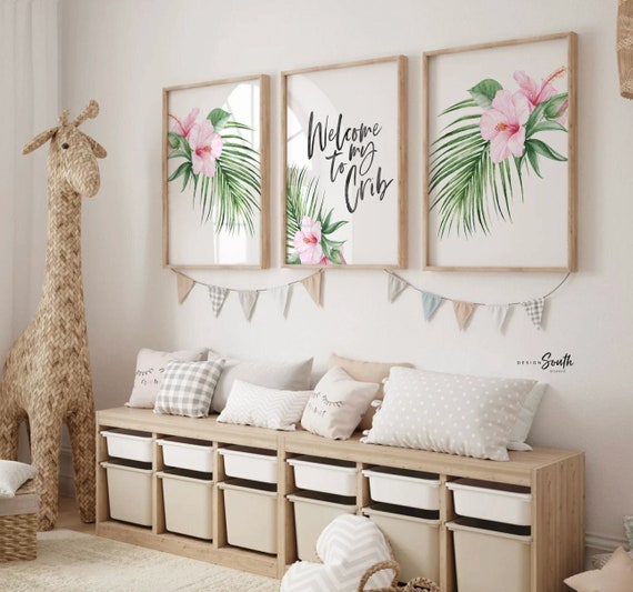 Pink Tropical Nursery Wall Art Set of 3, Welcome to My Crib Prints with Hibiscus Flowers, Trendy Baby Girl Room Decor