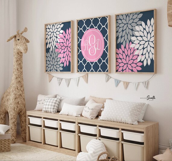 Pink and navy baby girl nursery decor, gift for little girl, baby shower gift pink, girl's bedroom wall ideas, pink baby monogram art prints