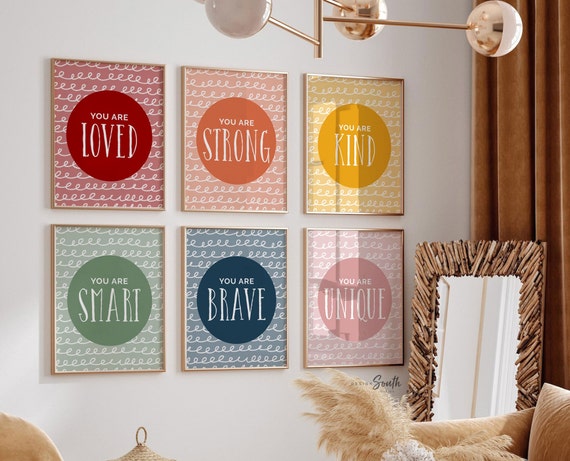 Loved strong kind smart brave unique art print set, boho colors kids room, inspiring prints, muted earthy colors, playroom neutral muted kid