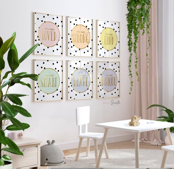Little girl's bedroom wall art, toddler pastel room decor, print set playroom posters, pastel and gold room decor, positive affirmation girl