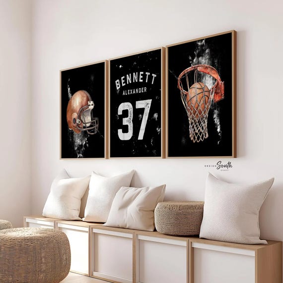 Personalized Sports Nursery Art – Football Helmet, Basketball Hoop Prints