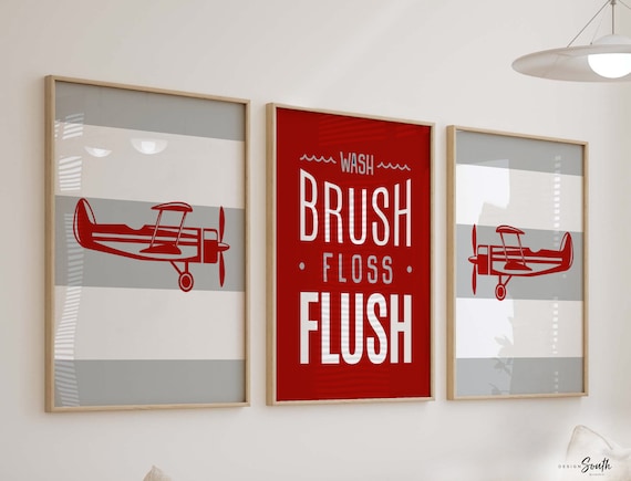 Boys bathroom wall art red and gray, boys red bathroom, red and gray bathroom decor for boys, aviation bathroom decor, airplane bathroom art