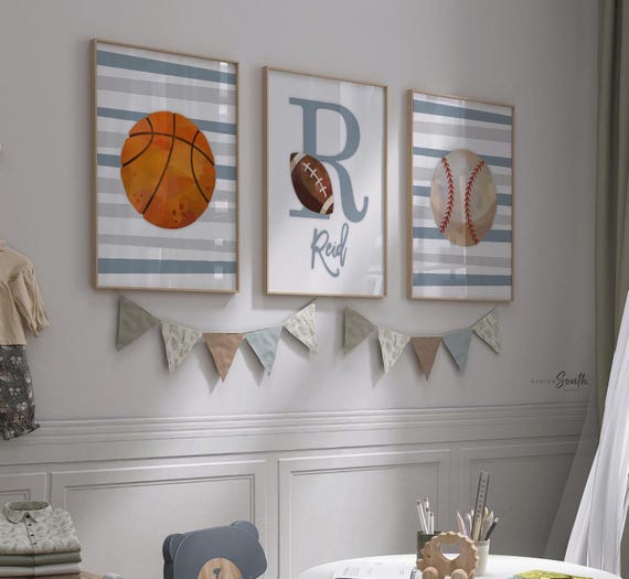 Stripes boys room decor, sports themed prints personalized, sports baby shower gift, gray striped sports art print, sports baby boy room art
