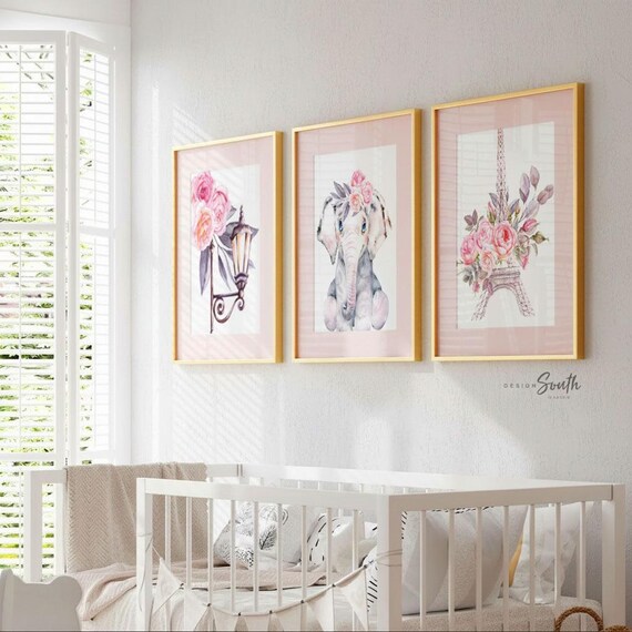 Paris Nursery Prints: Eiffel Tower, Floral Elephant, Baby Girl Decor