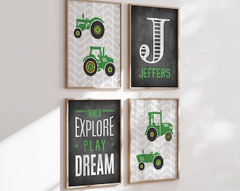Green Tractor Nursery Art Prints: Personalized Boy's Room Decor