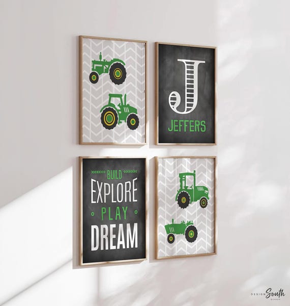 Green Tractor Nursery Art Prints: Personalized Boy's Room Decor