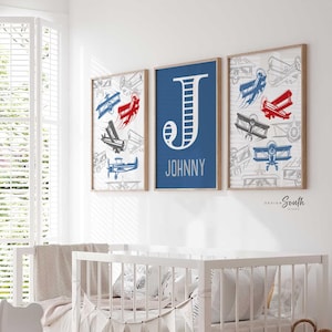 Arte de pared para guardería con diseño de avión azul y rojo, decoración de avión para bebé, habitación de bebé con aviones, dormitorio de niño con aviones voladores, dormitorio de niño rojo y azul