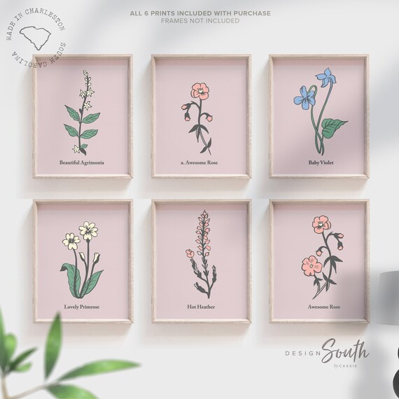 Wild flower art, collection for wall wild flowers, beautiful nature floral art for girl, mauve floral bloom prints, vintage flower wall art