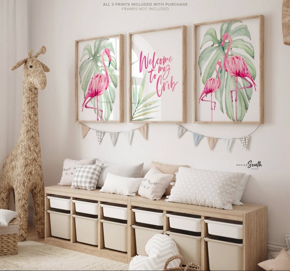 Welcome to my crib print art set, above crib tropical wall, flamingo nursery decor, baby room decor, newborn flamingo nursery pink and green