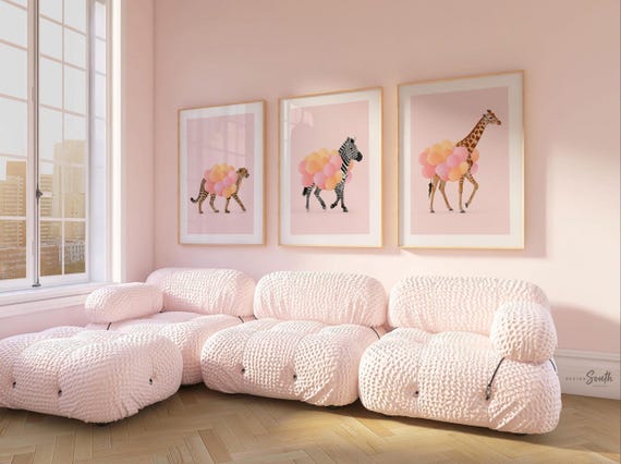 Girls Safari Wall Art – Pastel Pink Set of 3 Animal Prints with Balloons – Cheetah, Zebra & Giraffe Nursery or Bedroom