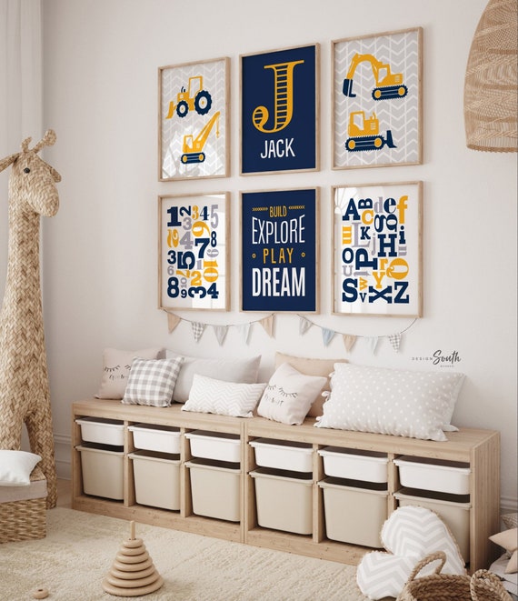 Construction boy bedroom theme, little boy construction truck art, construction with quote abc's 123's boy's name, build explore play dream