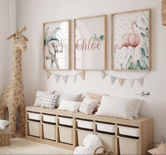 Girl's name gifts, tropical girl's name for room art, flamingo and elephant art print set, baby girl nursery neutral modern, tropical baby