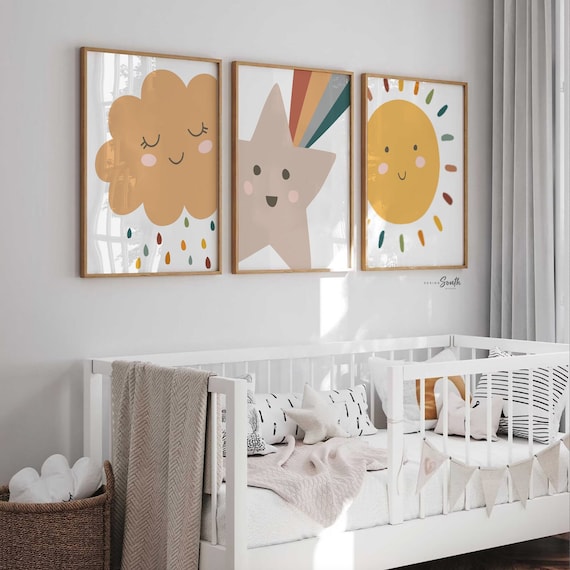 Neutral nursery, boho kids room art, gender neutral nursery print set of 3, cloud sun star, terracotta boho colors, earth tones nursery wall