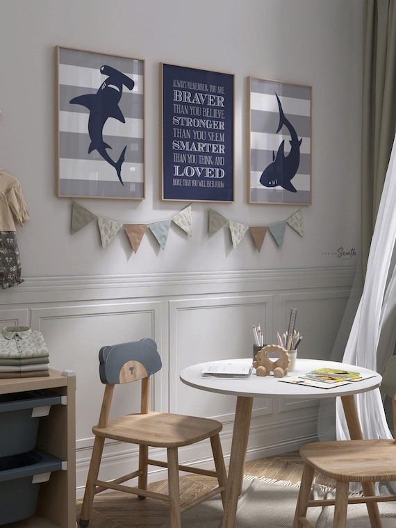 Shark Nursery Art Prints: Navy Blue & Gray Boy Room Decor