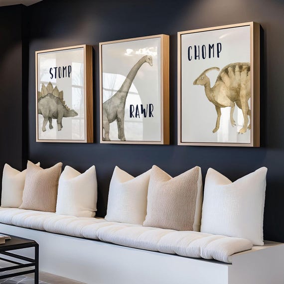 Neutral Dinosaur Watercolor Prints: Nursery Wall Art, Set of 3