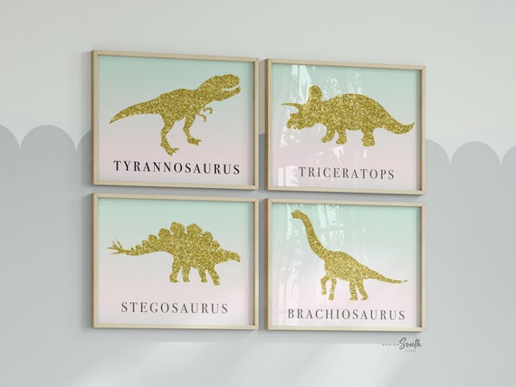 Ombre dinosaur girl art, girls nursery bedroom playroom decor dinosaur themed art, prints girls bedroom gold dinosaurs, girl baby dinosaurs