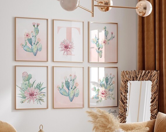 Nursery succulent decor, girl pink desert art, girl bedroom cactus plant succulent theme decor, girl cactus decor, boho baby decor mint pink