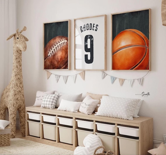 Custom Football Basketball Jersey Number Prints, Vintage Sports Nursery Wall Art (Set of 3)